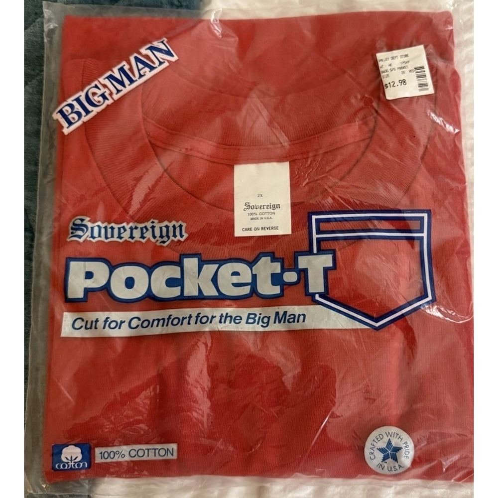 Vintage New Sovereign Red Pocket T-Shirt 2X Big Man USA Made Deadstock NWT